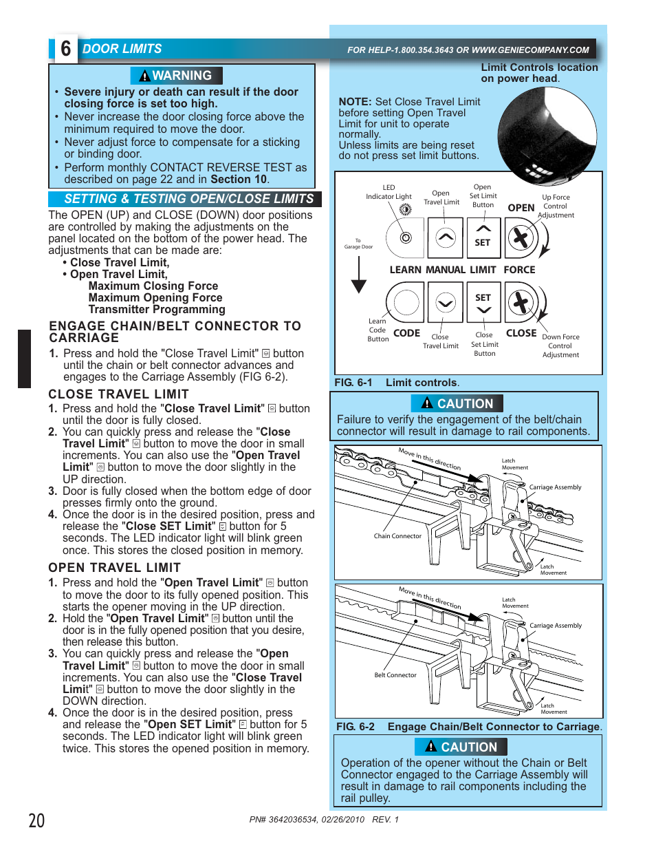 Door limits, Setting & testing open/close limits, Warning | Close travel limit, Open travel limit, Caution engage chain/belt connector to carriage, Caution | Genie 1042 User Manual | Page 20 / 68