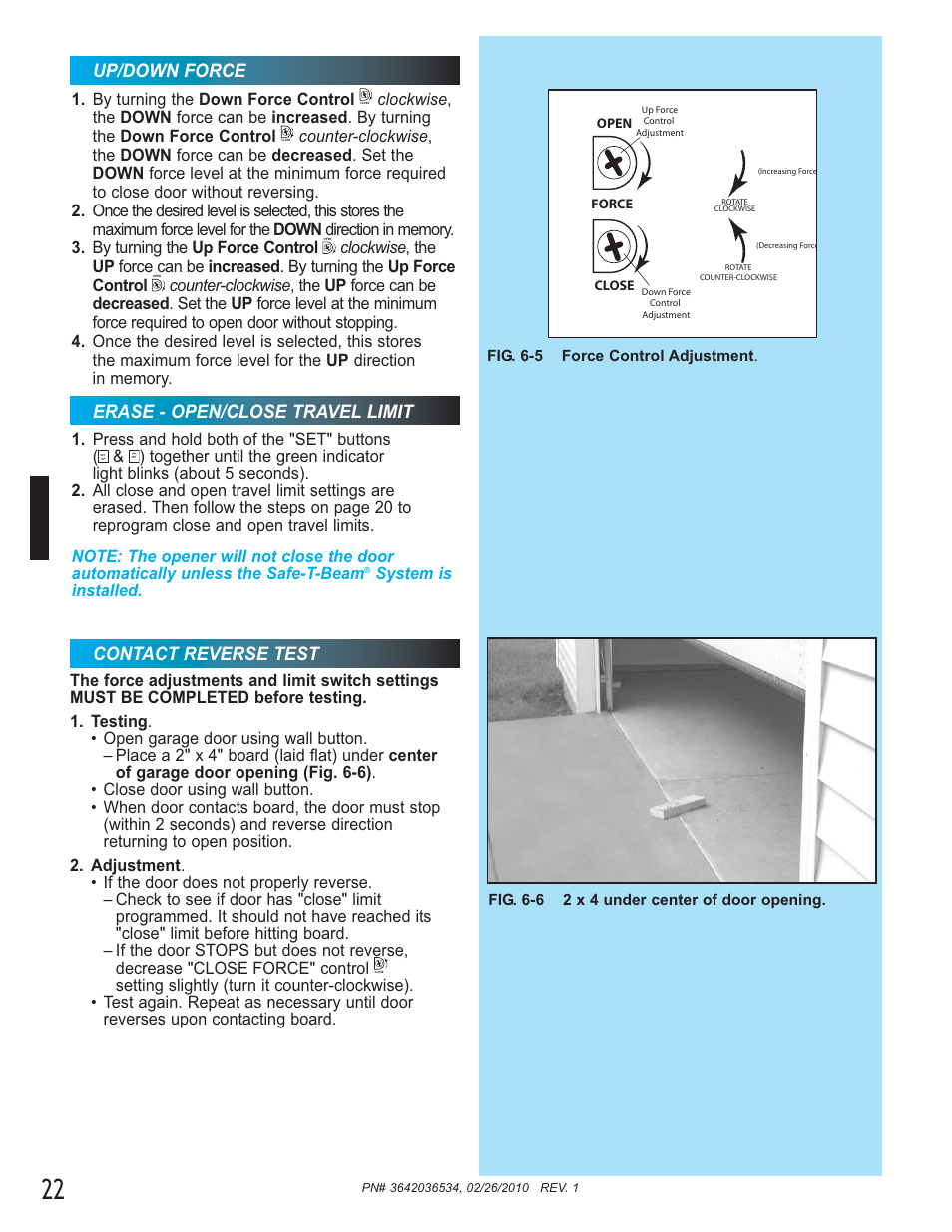 Contact reverse test, Up/down force erase - open/close travel limit | Genie 1042 User Manual | Page 22 / 68