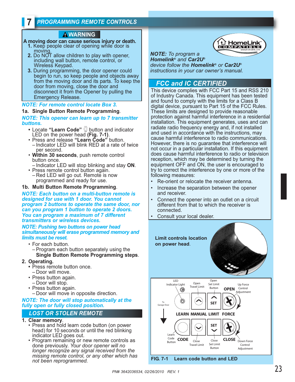 Fcc and ic certified, Programming remote controls, Warning lost or stolen remote | Genie 1042 User Manual | Page 23 / 68