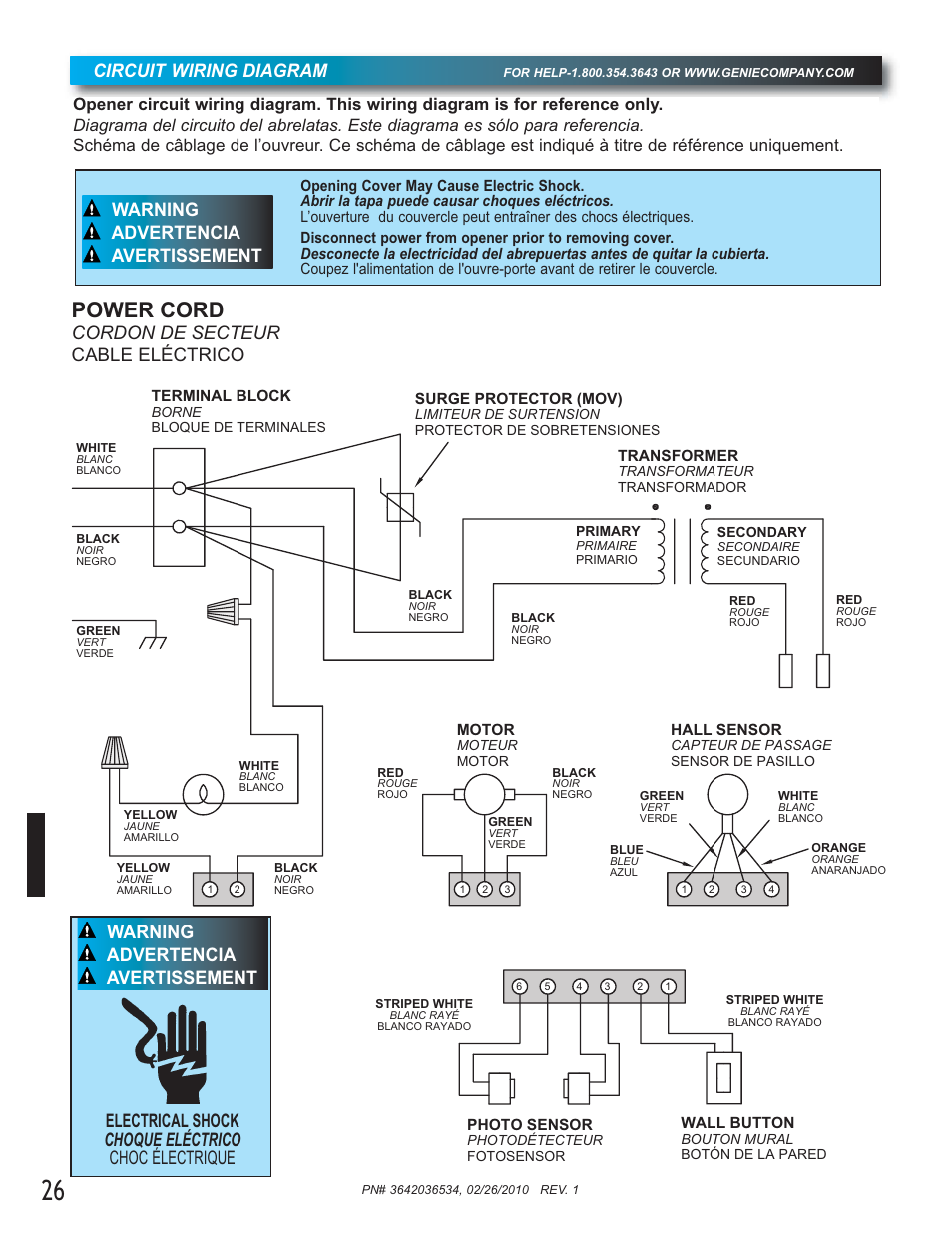 Power cord, Circuit wiring diagram, Cordon de secteur cable eléctrico | Genie 1042 User Manual | Page 26 / 68