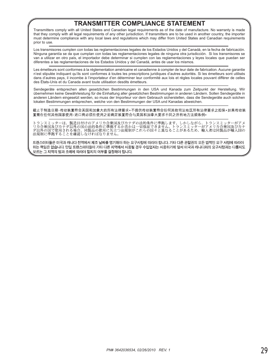 Transmitter compliance statement | Genie 1042 User Manual | Page 29 / 68