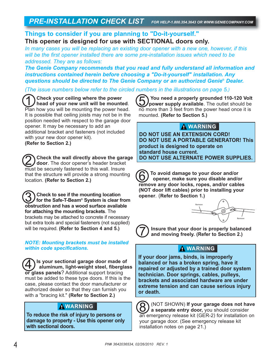 Pre-installation check list | Genie 1042 User Manual | Page 4 / 68