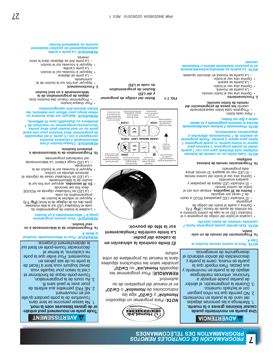 Advertencia, Avertissement, Nota: para programar un dispositivo homelink | Y car2u, Siga las instrucciones de homelink, O car2u, Ou car2u | Genie 1042 User Manual | Page 42 / 68