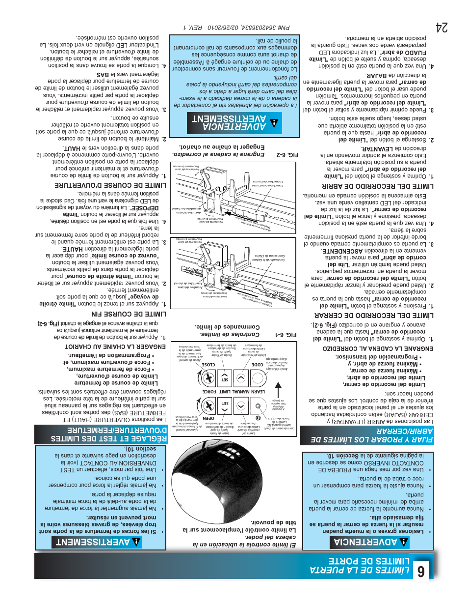 Límites de la puer ta limites de porte, Advertencia, Avertissement | Advertencia avertissement, Fijar y probar los límites de abrir/cerrar, Réglage et test des limites d'ouverture/fermeture, Límite del recorrido de cerrar, Limite del recorrido de abrir, Limite de course fin, Limite de course d'ouverture | Genie 1042 User Manual | Page 45 / 68