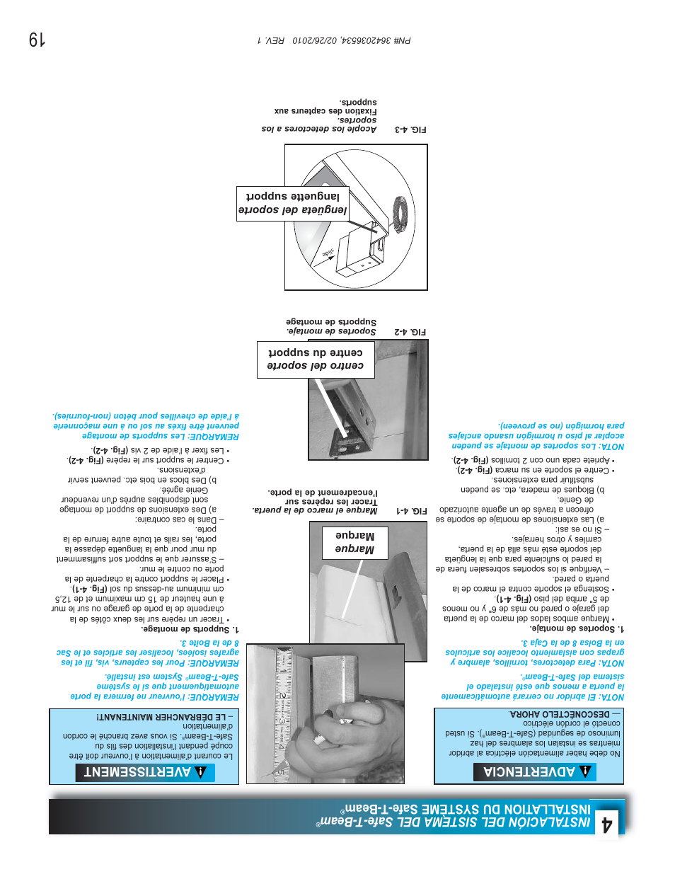 Instalación del sistema del safe-t-beam, Installa tion du système safe-t-beam, Avertissement | Advertencia | Genie 1042 User Manual | Page 50 / 68