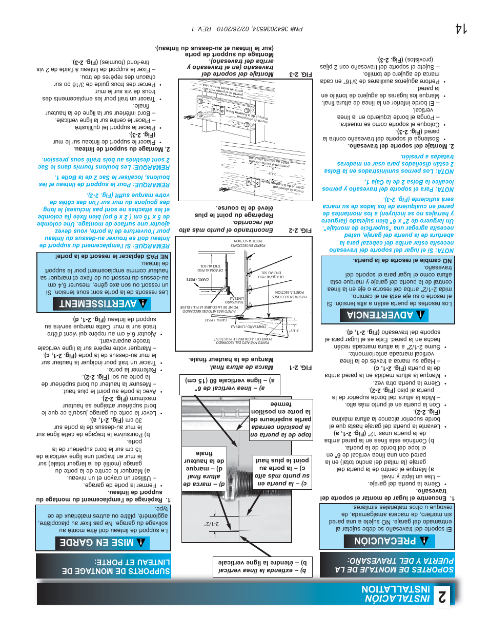 Instalación installa tion, Precaución advertencia, Mise en garde avertissement | Supports de montage de linteau et porte | Genie 1042 User Manual | Page 55 / 68