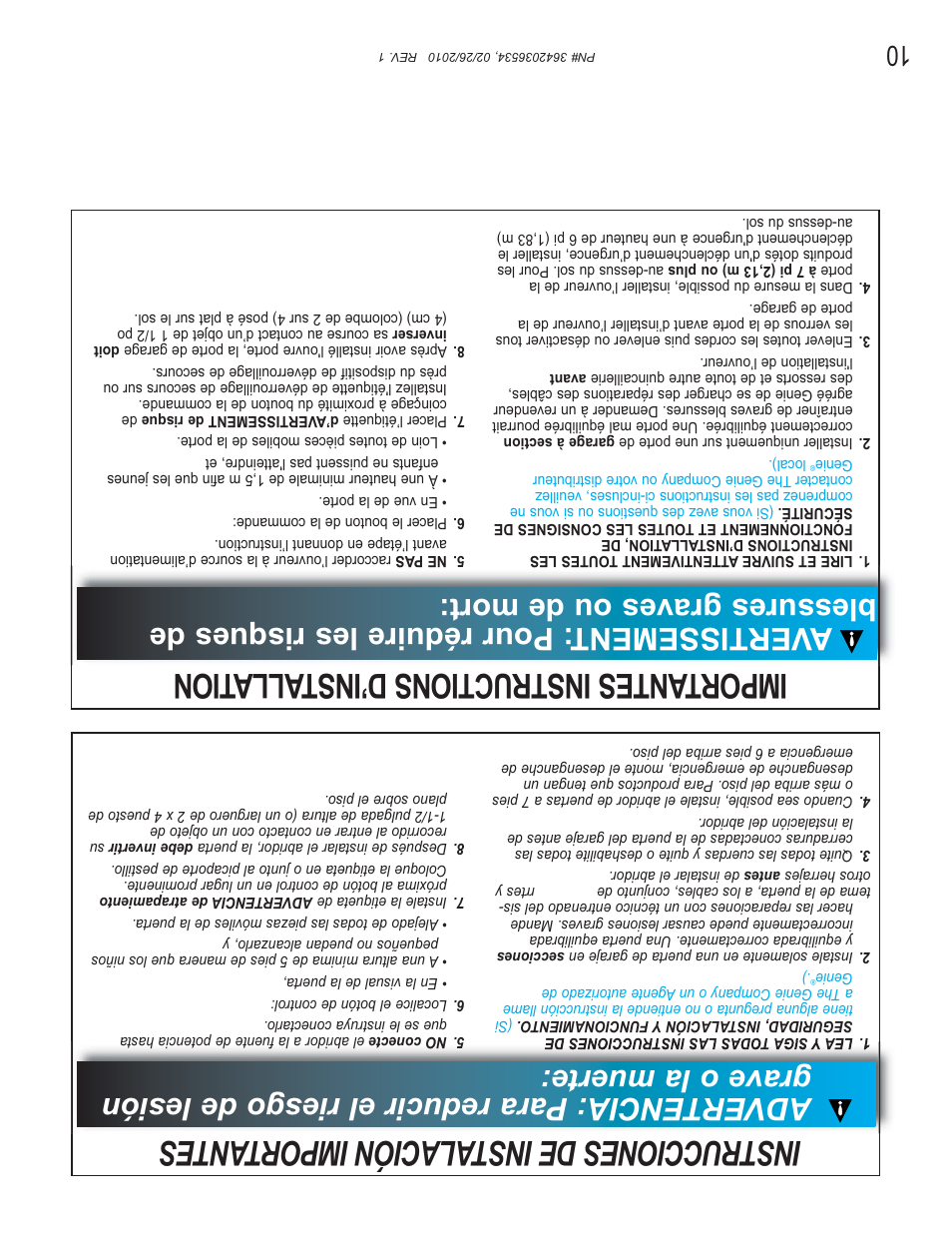 Instrucciones de instalación impor tantes, Importantes instructions d’inst allation | Genie 1042 User Manual | Page 59 / 68