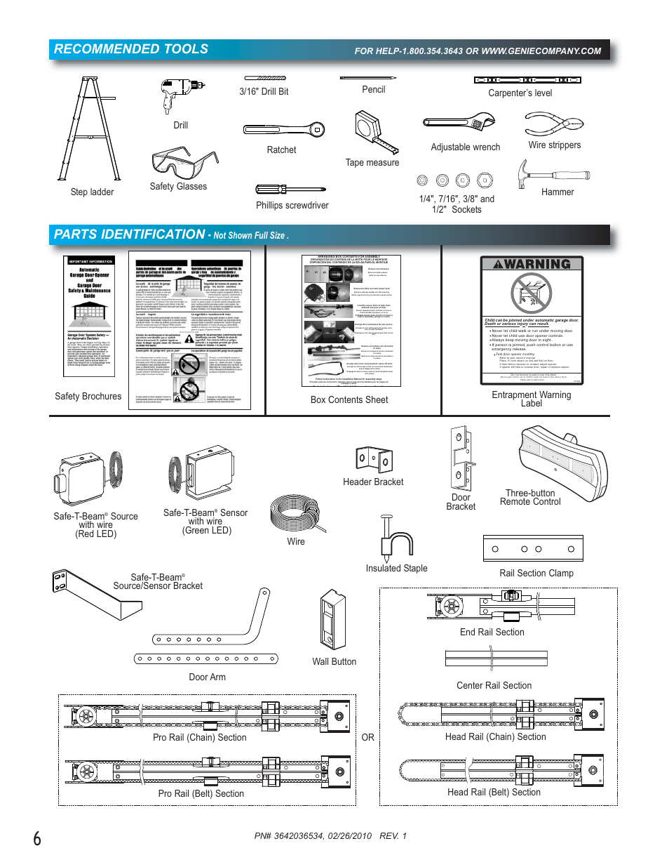 Recommended tools, Parts identification, Not shown full size . three-button remote control | Source with wire (red led) safe-t-beam, Source/sensor bracket | Genie 1042 User Manual | Page 6 / 68