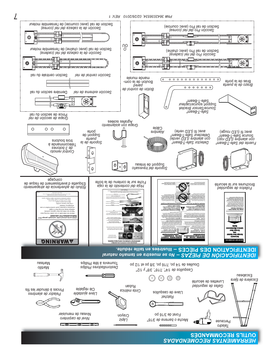 Herramientas recomendadas outils recommandés, Identificación de piezas, Identification des pièces | No se muestra en tamaño natural, Illustrées en taille réduite, Con alambre (led rojo ) source safe-t-beam, Avec fil (led rouge) detector safe-t-beam, Con alambre (led verde) détecteur safe-t-beam | Genie 1042 User Manual | Page 62 / 68