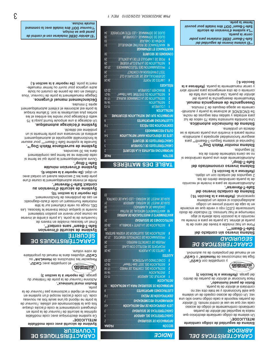 Características del abridor, Características de seguridad, Caractéristiques de l’ouvreur | Caractéristiques de sécurité, Table des ma tières, Índice | Genie 1042 User Manual | Page 66 / 68