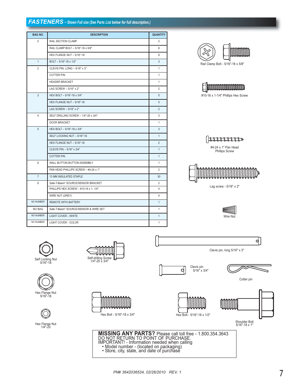 Fasteners, Missing any parts | Genie 1042 User Manual | Page 7 / 68