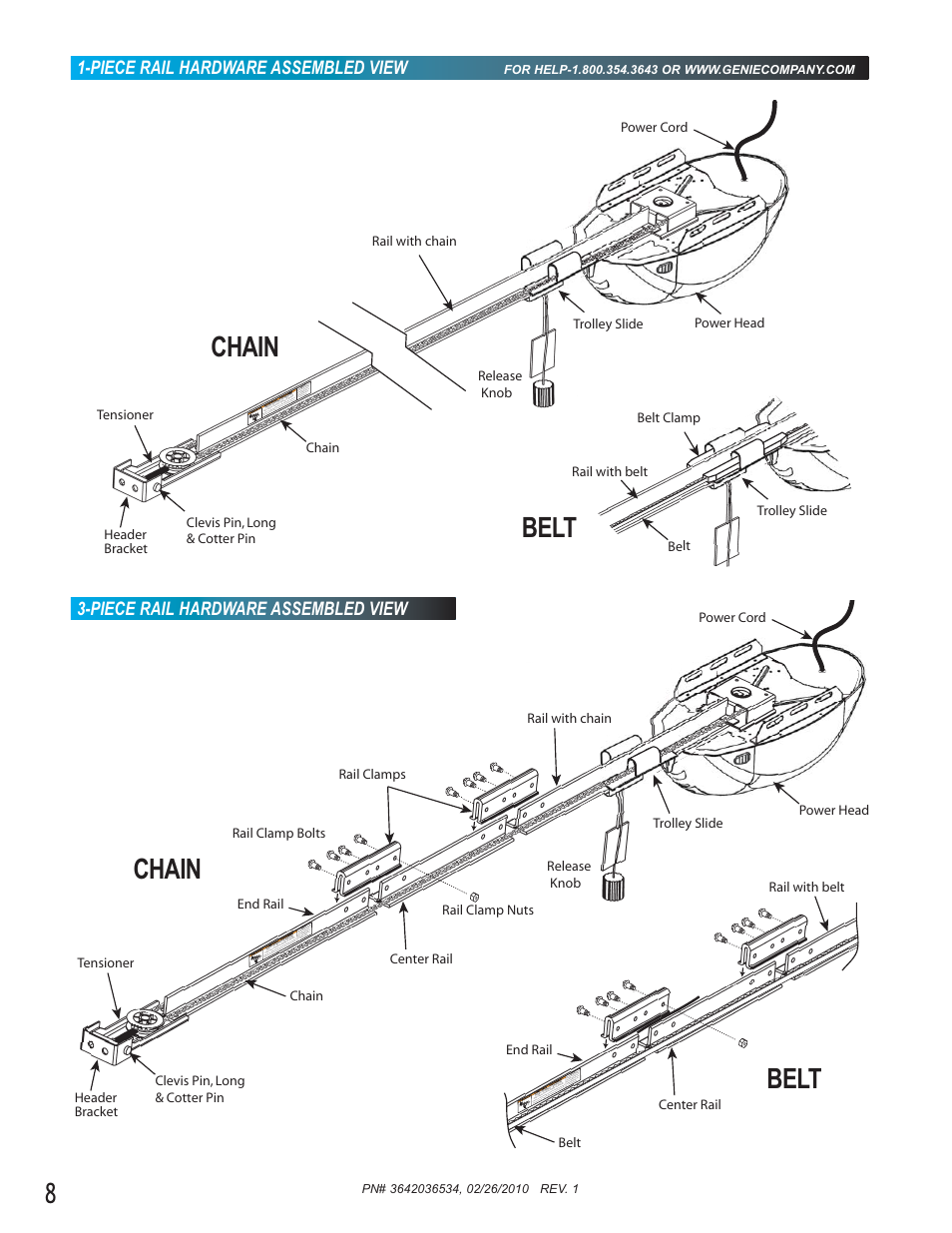 Chain, Chain belt belt, Piece rail hardware assembled view | Genie 1042 User Manual | Page 8 / 68