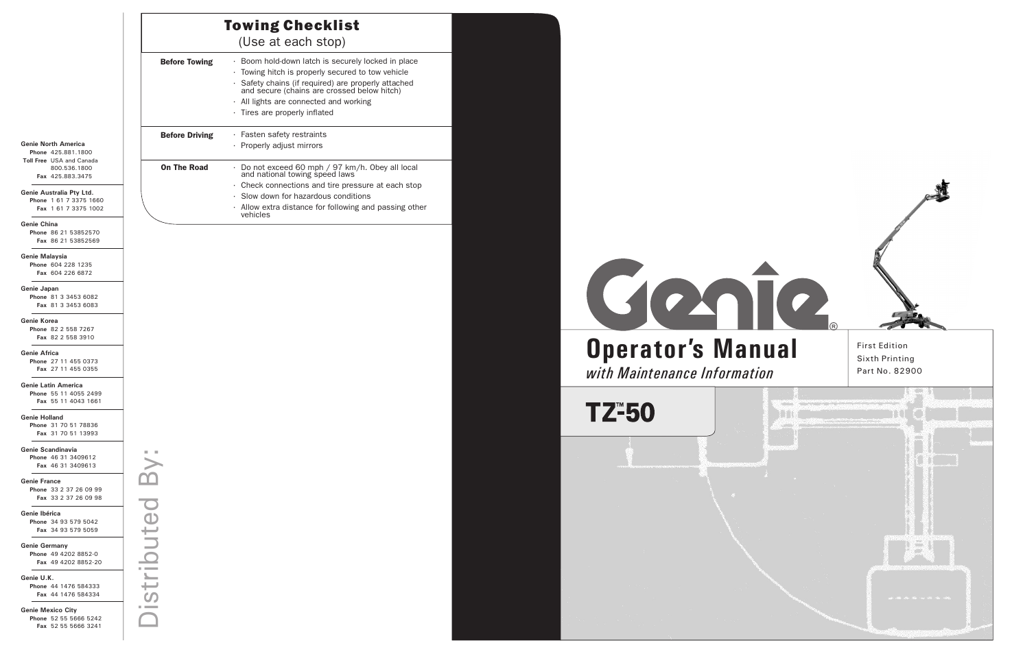 Operator’s manual, Distributed by, With maintenance information | Towing checklist, Use at each stop) | Genie TZ-50 User Manual | Page 39 / 39