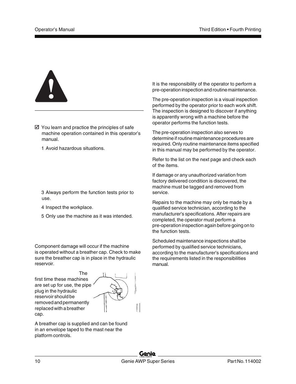 Pre-operation inspection, Do not operate unless, Breather cap - ac & dc models | Fundamentals | Genie AWP 114002 User Manual | Page 12 / 36