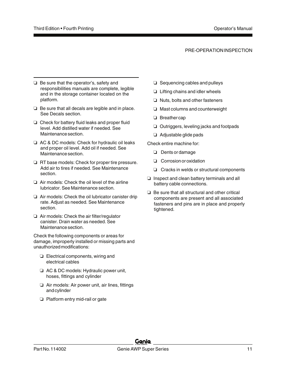Pre-operation inspection | Genie AWP 114002 User Manual | Page 13 / 36