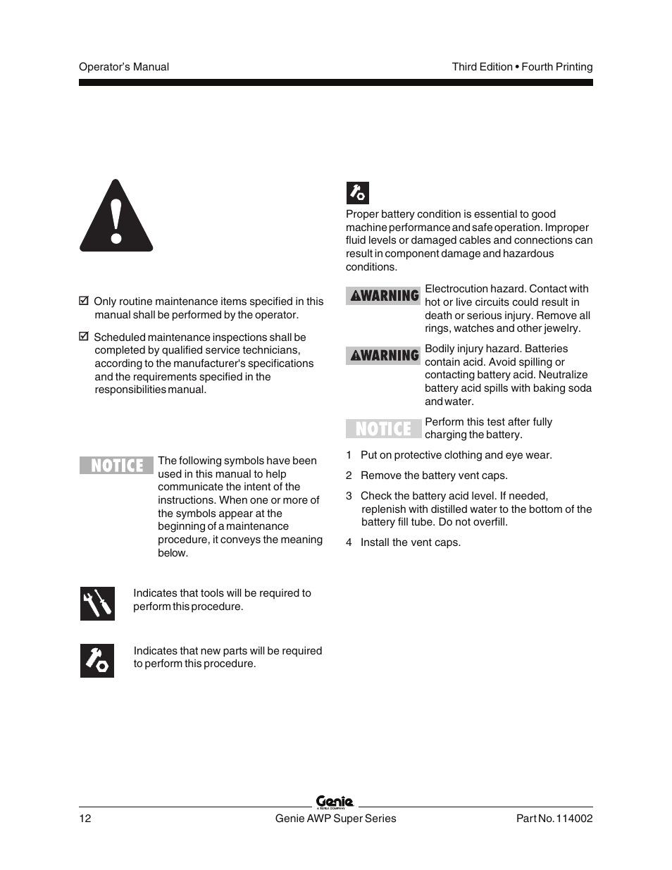 Maintenance, Observe and obey, Check the battery - dc models | Genie AWP 114002 User Manual | Page 14 / 36