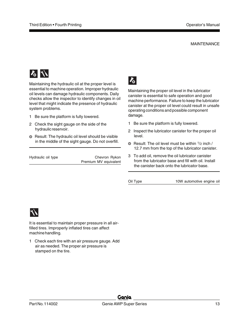 Check the hydraulic oil level, Check the tire pressure - rt base models | Genie AWP 114002 User Manual | Page 15 / 36