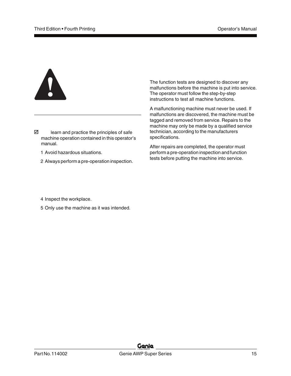 Function tests, Do not operate unless, Fundamentals | Genie AWP 114002 User Manual | Page 17 / 36