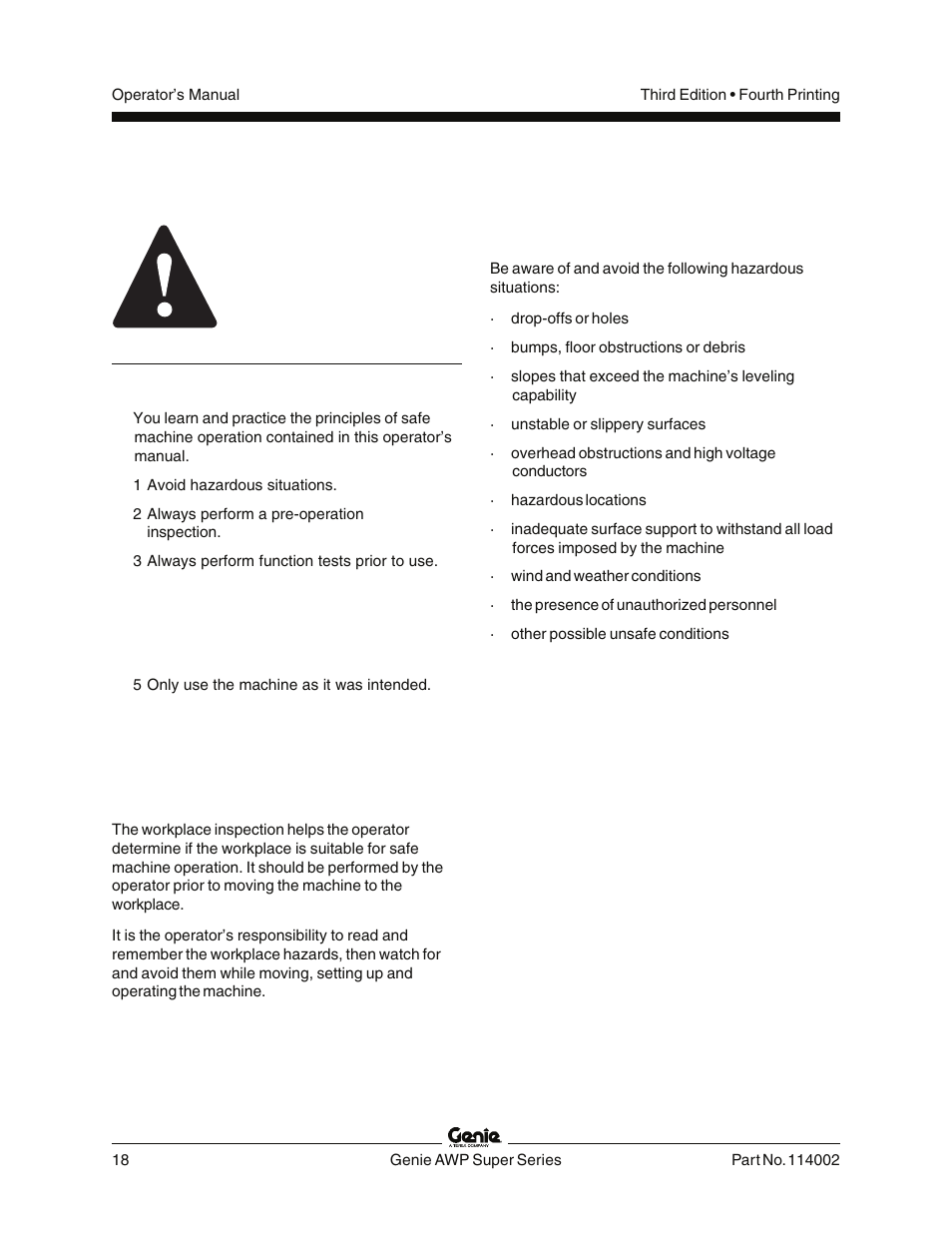 Workplace inspection, Do not operate unless, Fundamentals | Genie AWP 114002 User Manual | Page 20 / 36