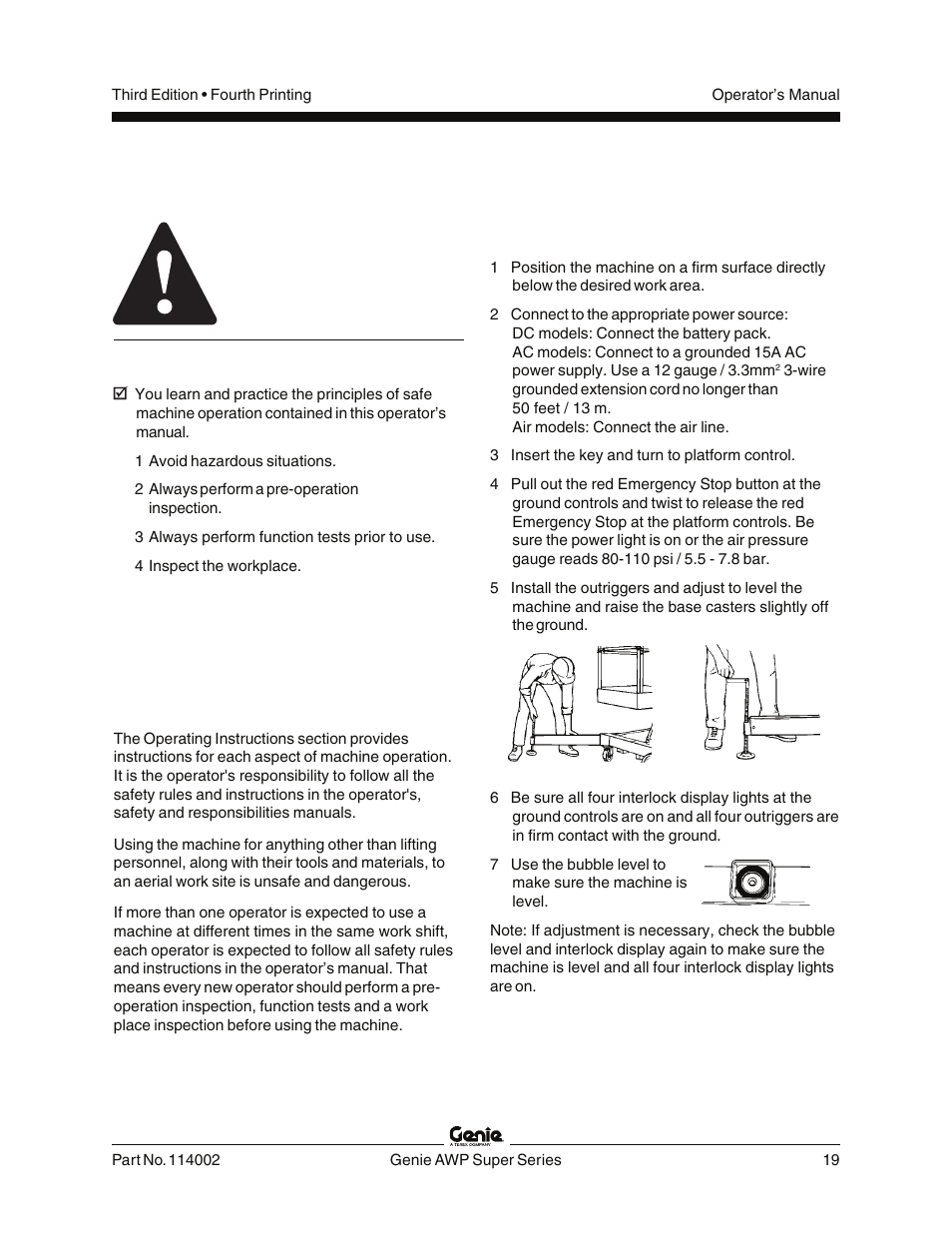 Operating instructions, Do not operate unless, Fundamentals | Setup | Genie AWP 114002 User Manual | Page 21 / 36