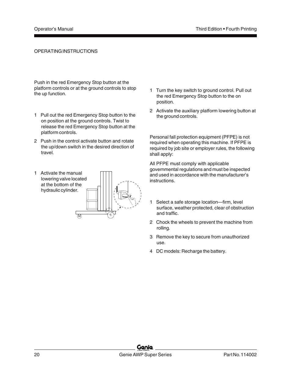Emergency stop, Platform raise and lower, Manual lowering | Auxiliary platform lowering - ac & dc models, Fall protection, After each use | Genie AWP 114002 User Manual | Page 22 / 36