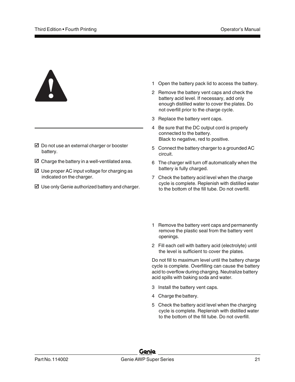 Battery charging instructions, Battery and charger instructions observe and obey, Dry battery filling and charging instructions | Genie AWP 114002 User Manual | Page 23 / 36