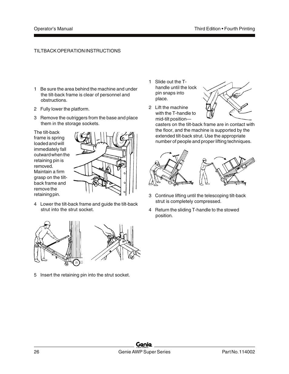 Lowering the tilt-back assembly, Tilting back the machine | Genie AWP 114002 User Manual | Page 28 / 36
