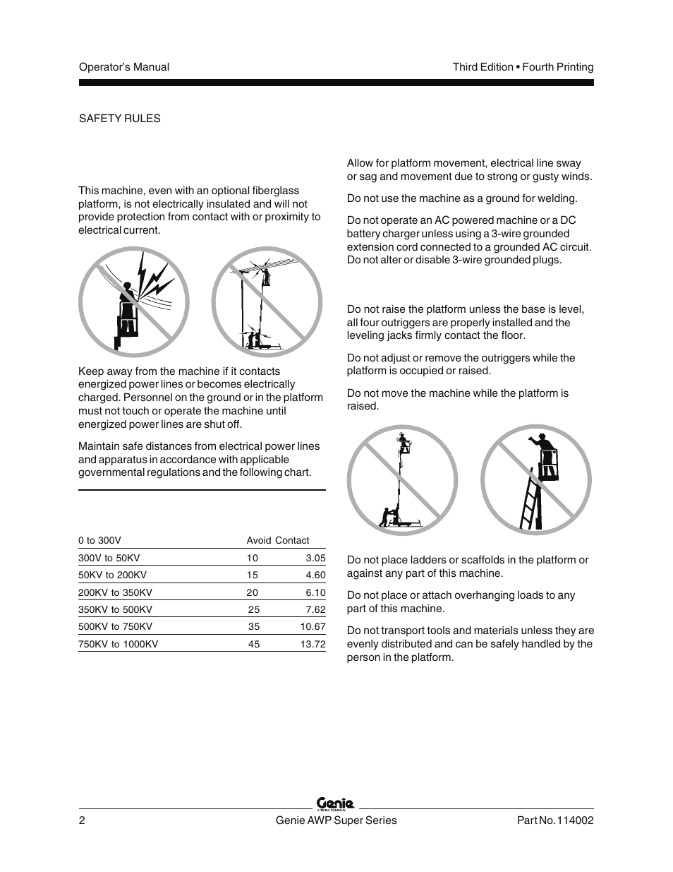 Electrocution hazards, Tip-over hazards | Genie AWP 114002 User Manual | Page 4 / 36