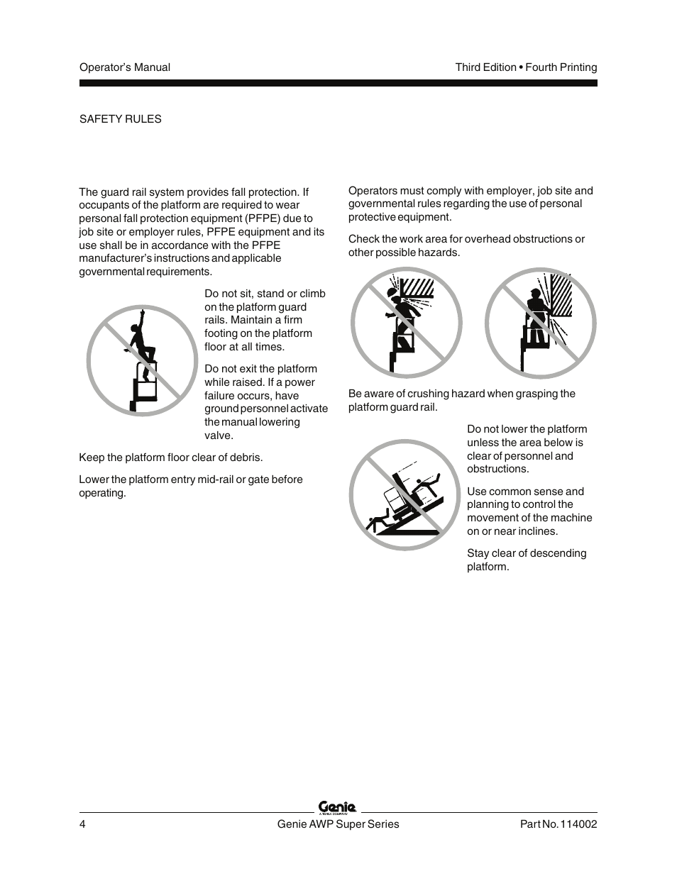 Fall hazards, Collision hazards | Genie AWP 114002 User Manual | Page 6 / 36