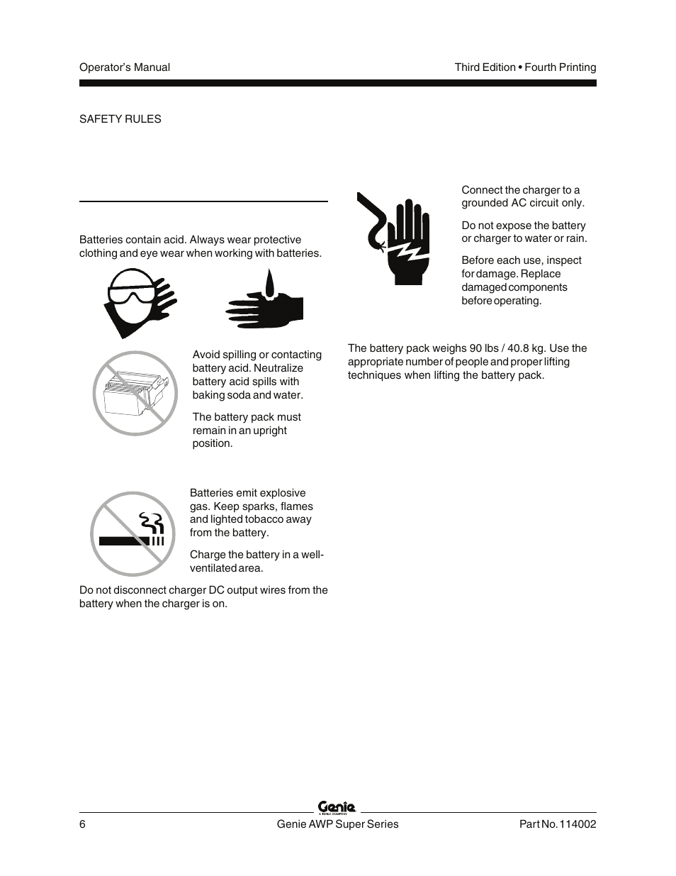 Explosion hazards, Electrocution hazards, Lifting hazard | Genie AWP 114002 User Manual | Page 8 / 36