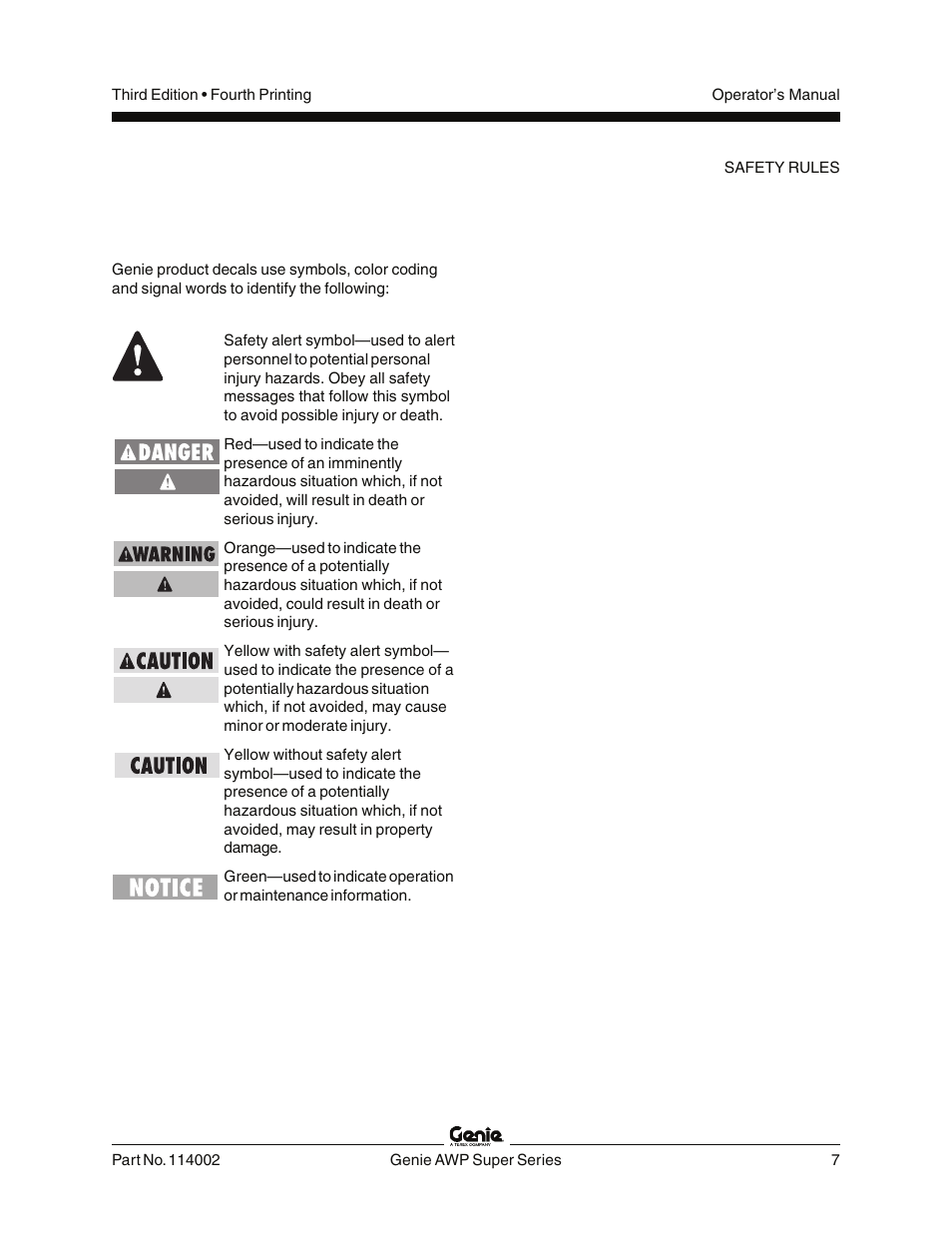 Decal legend | Genie AWP 114002 User Manual | Page 9 / 36