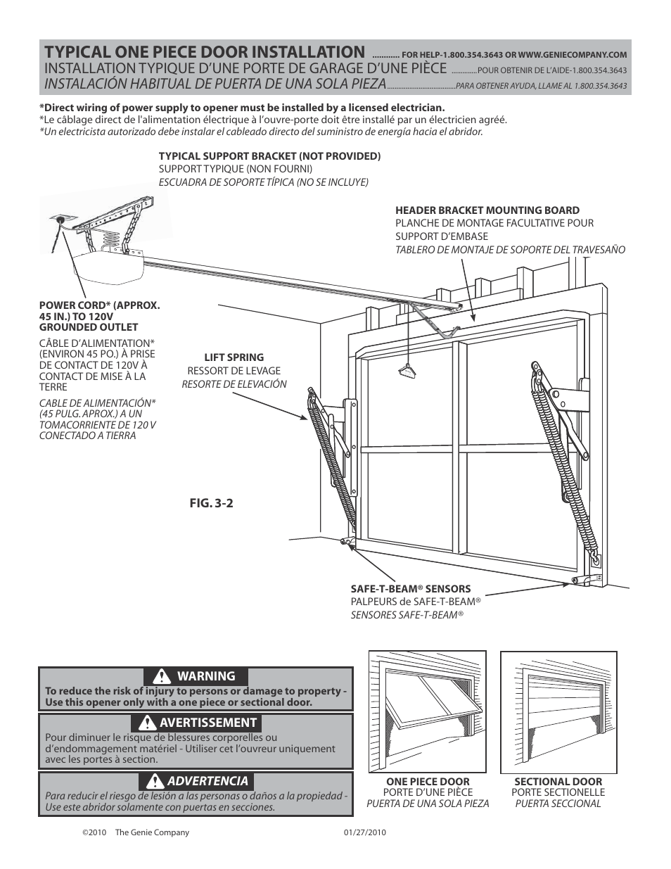 Typical one piece door installation, Instalación habitual de puerta de una sola pieza | Genie INTELLIG 3024 User Manual | Page 11 / 26
