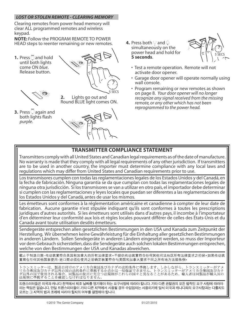Transmitter compliance statement, Again and both lights flash purple | Genie INTELLIG 3024 User Manual | Page 16 / 26