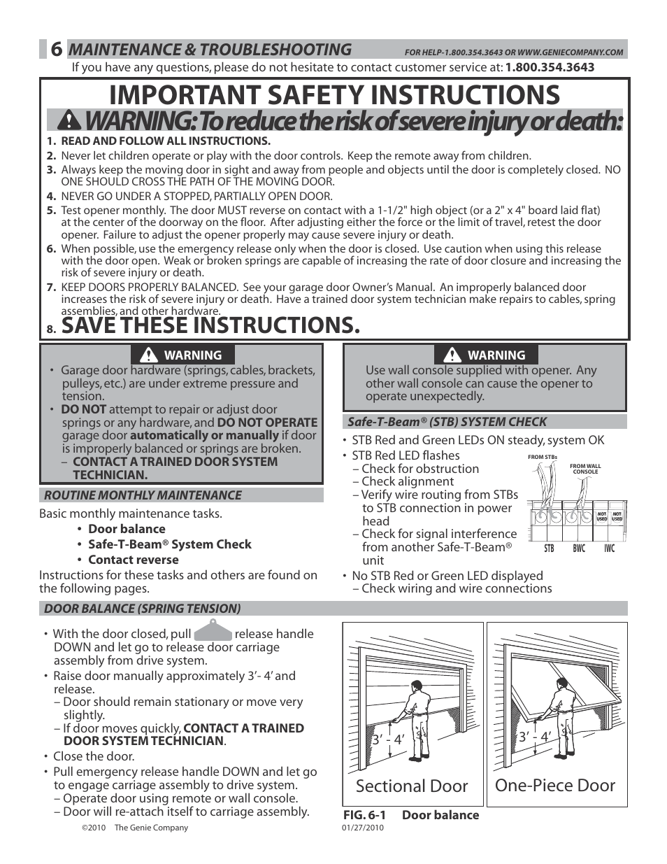 Save these instructions, One-piece door, Maintenance & troubleshooting | Genie INTELLIG 3024 User Manual | Page 17 / 26