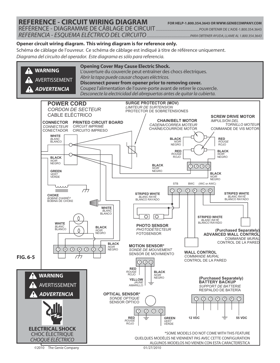 Reference - circuit wiring diagram, Référence - diagramme de câblage de circuit, Referencia - esquema eléctrico del circuito | Warning avertissement advertencia, Power cord, Cordon de secteur cable eléctrico | Genie INTELLIG 3024 User Manual | Page 21 / 26