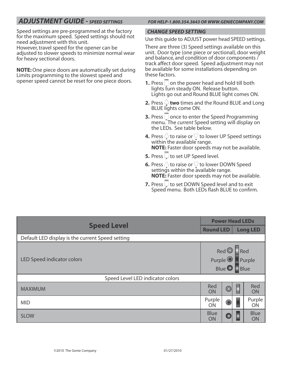 Adjustment guide, Speed level | Genie INTELLIG 3024 User Manual | Page 22 / 26