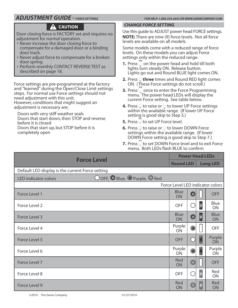 Adjustment guide, Force level | Genie INTELLIG 3024 User Manual | Page 23 / 26
