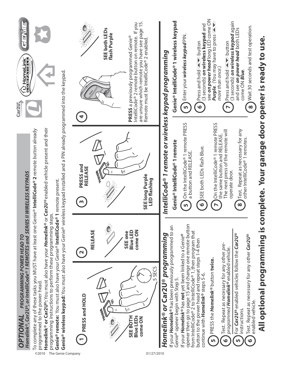 Optional, Homelink® or c ar2u® progr amming | Genie INTELLIG 3024 User Manual | Page 9 / 26