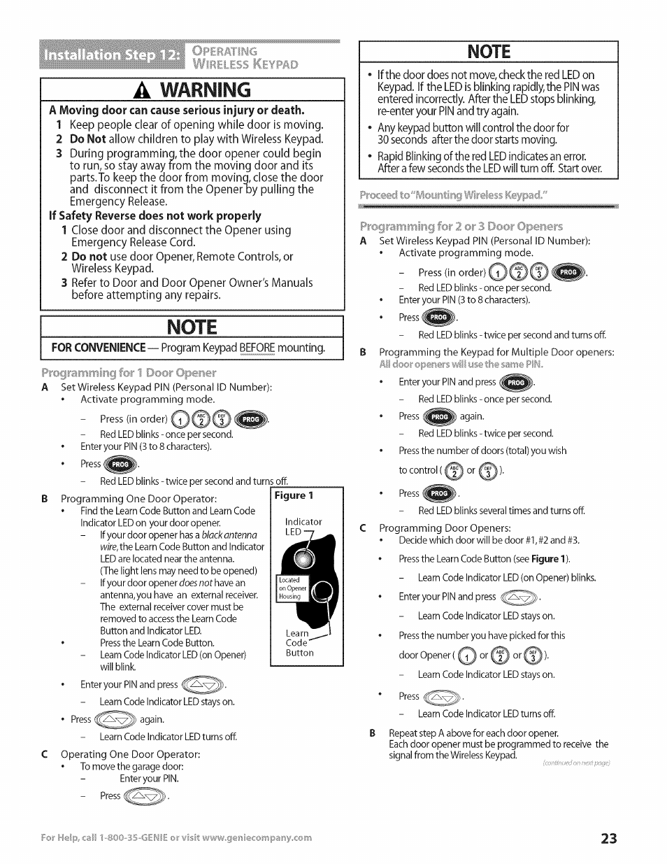 Warning, Graii'iirjri§ for, Door operi<?rs | Genie Excelerator User Manual | Page 23 / 32