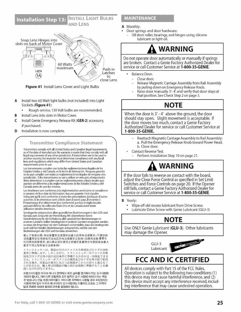 Warning, Fcc and ic certified, Trarisiriitter cöinpliarice | Jtatemerit | Genie Excelerator User Manual | Page 25 / 32