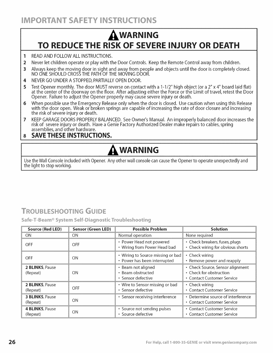 Warning, 8 save these instructions | Genie Excelerator User Manual | Page 26 / 32