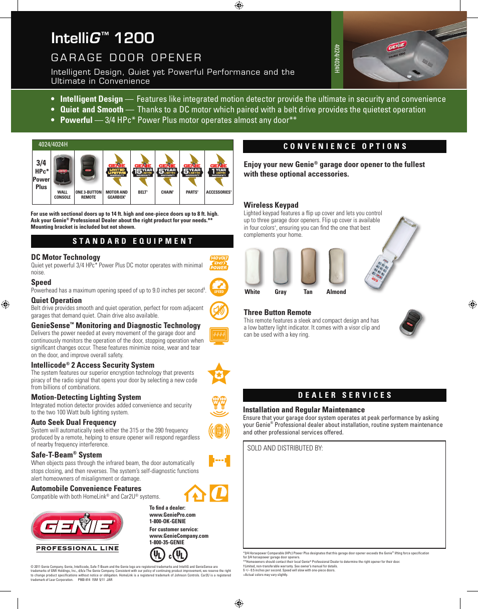 Intelli g, Enjoy your new genie, Three button remote | Installation and regular maintenance, Speed, Quiet operation, Geniesense, Monitoring and diagnostic technology, Intellicode, 2 access security system | Genie 1200 User Manual | Page 2 / 2