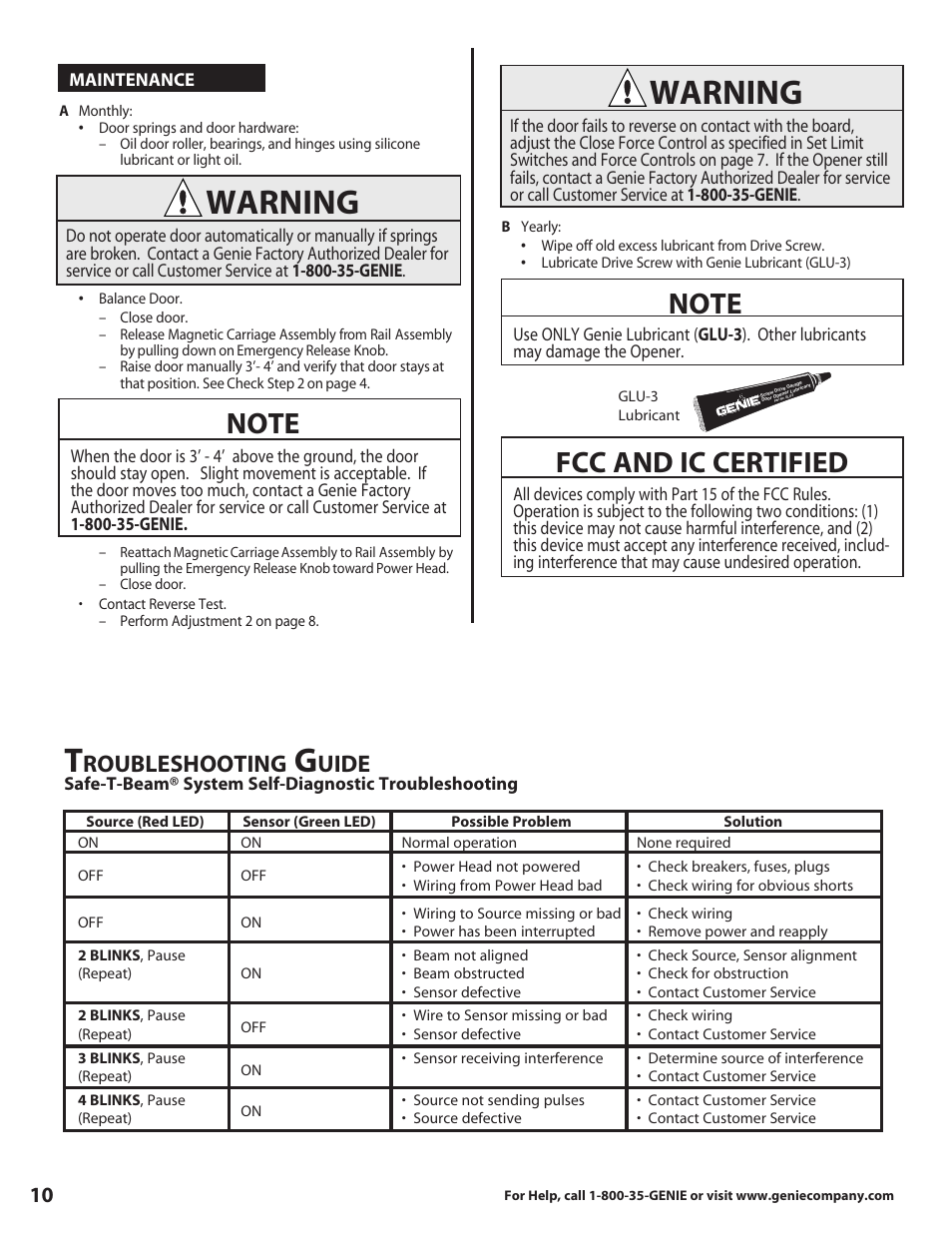 Warning, Fcc and ic certified, Roubleshooting | Uide | Genie 3627336241 User Manual | Page 10 / 16