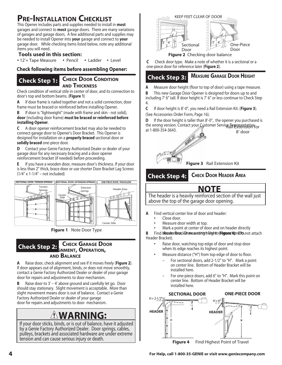 Warning, Check step 3, Nstallation | Hecklist, Check step 1, Check step 2, Check step 4 | Genie 3627336241 User Manual | Page 4 / 16
