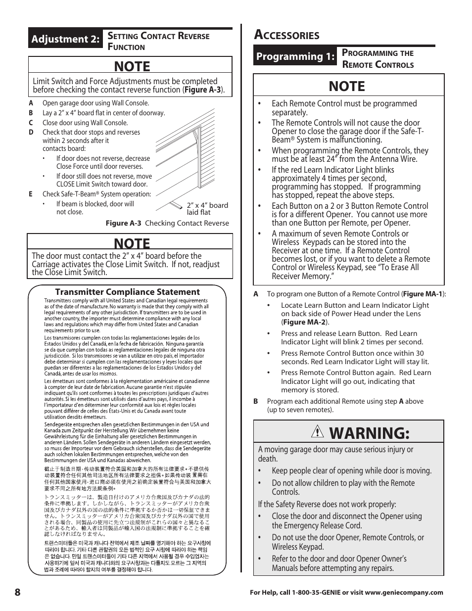 Warning, Adjustment 2, Programming 1 | Genie 3627336241 User Manual | Page 8 / 16