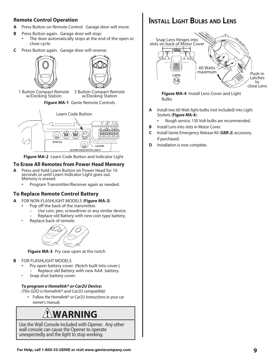 Warning, Nstall, Ight | Ulbs | Genie 3627336241 User Manual | Page 9 / 16