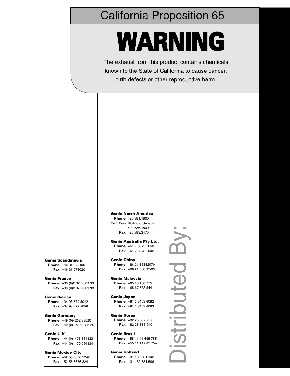 Warning, Dis tr ib u te d b y, California proposition 65 | Genie Z-45 User Manual | Page 42 / 42