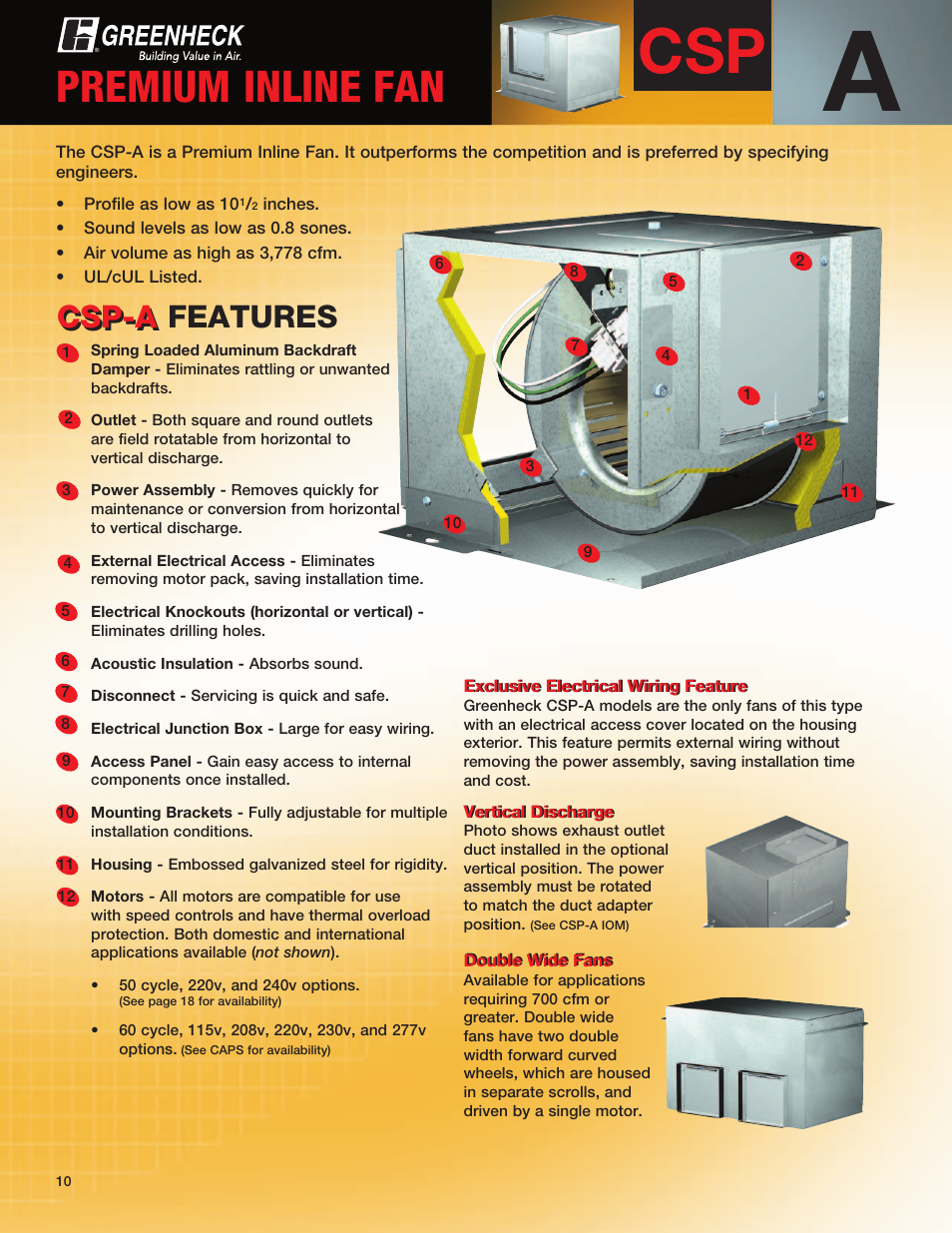 Premium inline fan, Csp-a, Csp-a features | Greenheck Fan CSP User Manual | Page 10 / 20