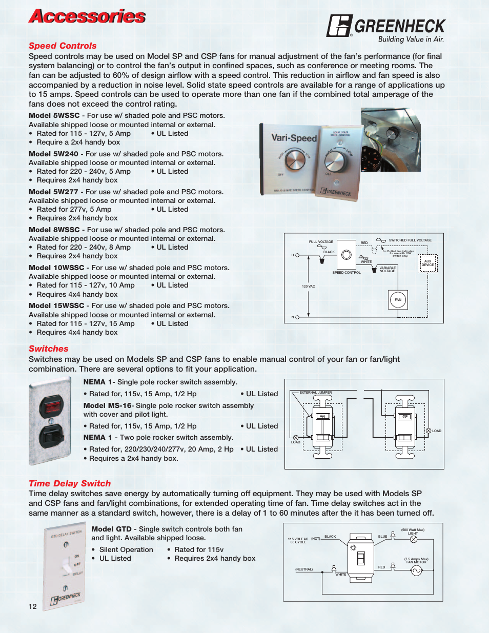 Accessories, Time delay switch, Switches | Speed controls | Greenheck Fan CSP User Manual | Page 12 / 20