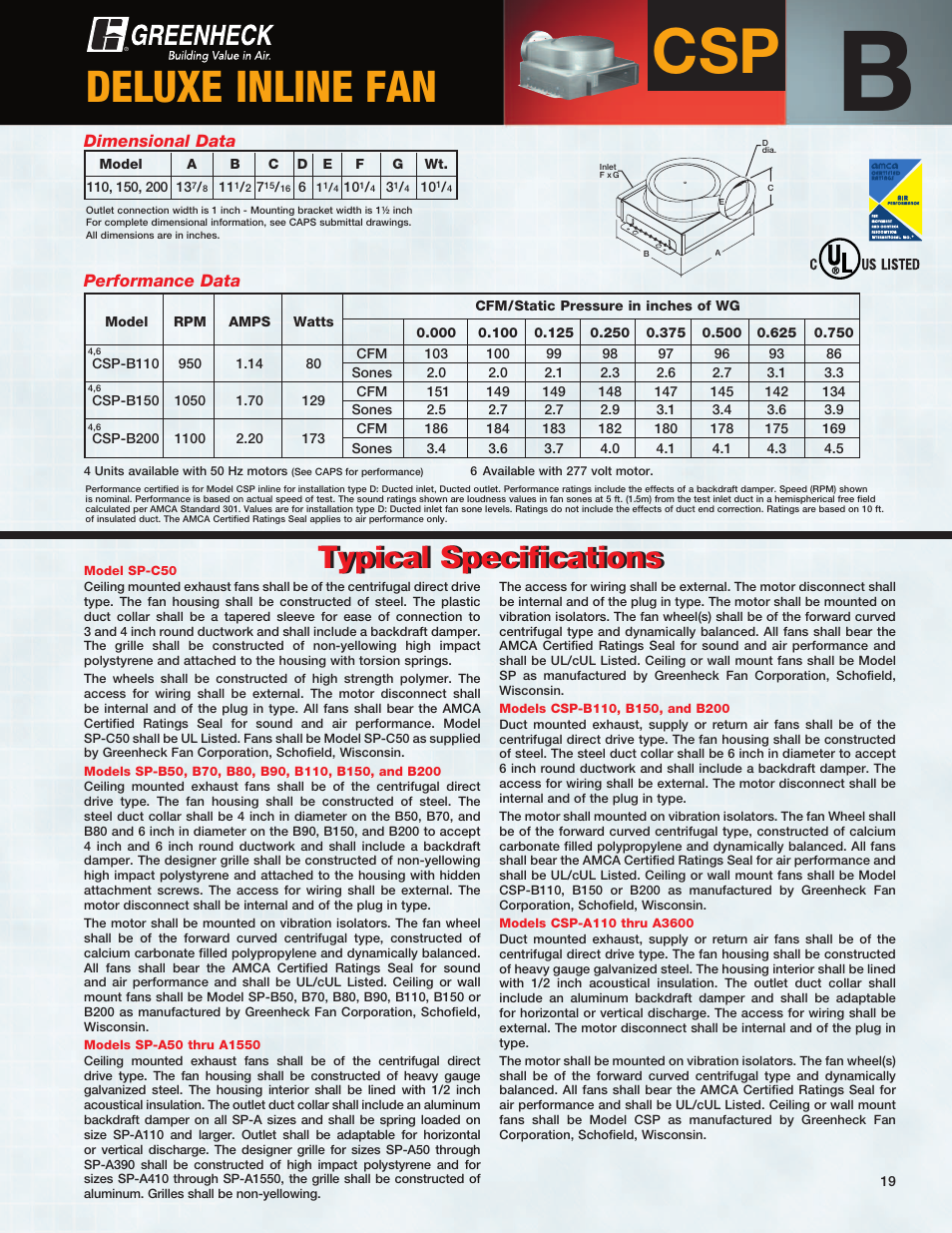 Deluxe inline fan, Typical specifications | Greenheck Fan CSP User Manual | Page 19 / 20